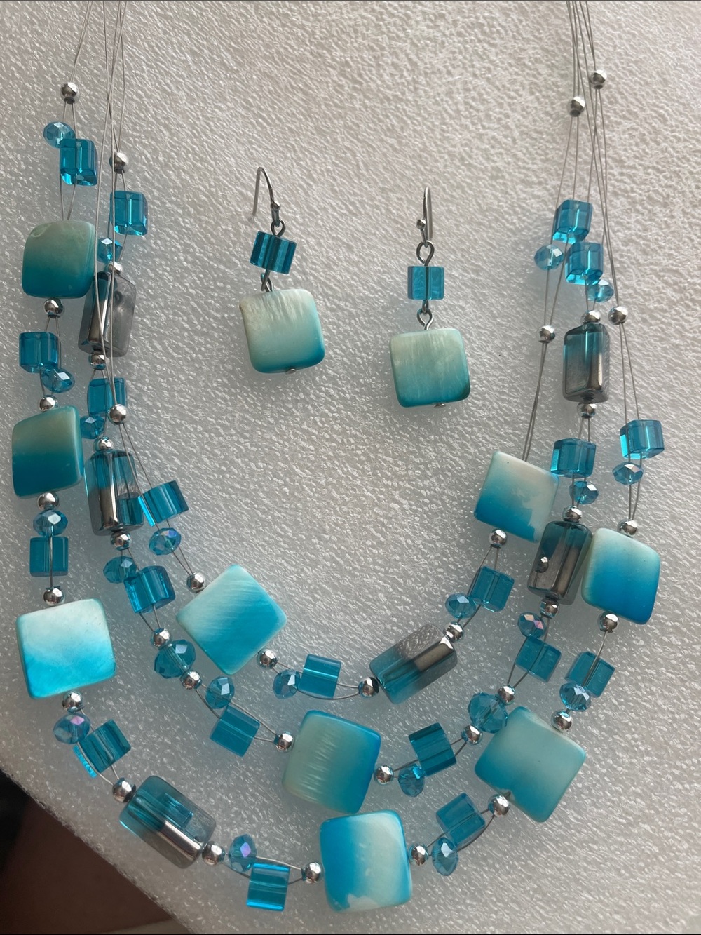 Multi-Strand Turquoise Blue Beaded Necklace with Matching Earrings